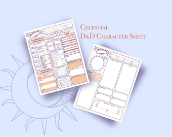 Gold Celestial Dungeons and Dragons Character Sheet — 2 Pages Instant png Download