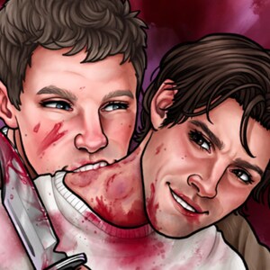 May include: Illustration of two people, one biting the other's neck with a bloody knife. The person biting has blood on their face and the other has blood on their neck and shirt. The background is a dark red.