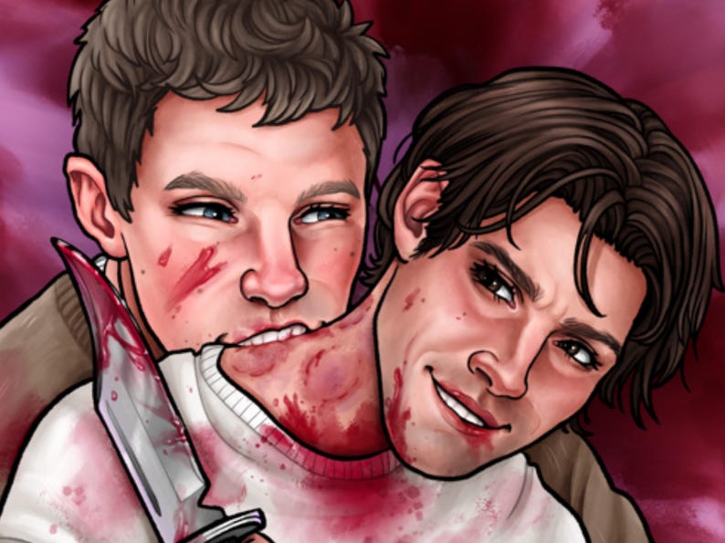 May include: Illustration of two people, one biting the other's neck with a bloody knife. The person biting has blood on their face and the other has blood on their neck and shirt. The background is a dark red.