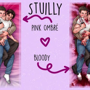 May include: Body pillow featuring a couple embracing, one holding a knife. The design includes the words "STUILLY", "PINK OMBR&Eacute;", and "BLOODY" with a pink and purple color scheme. The pillow is rectangular.