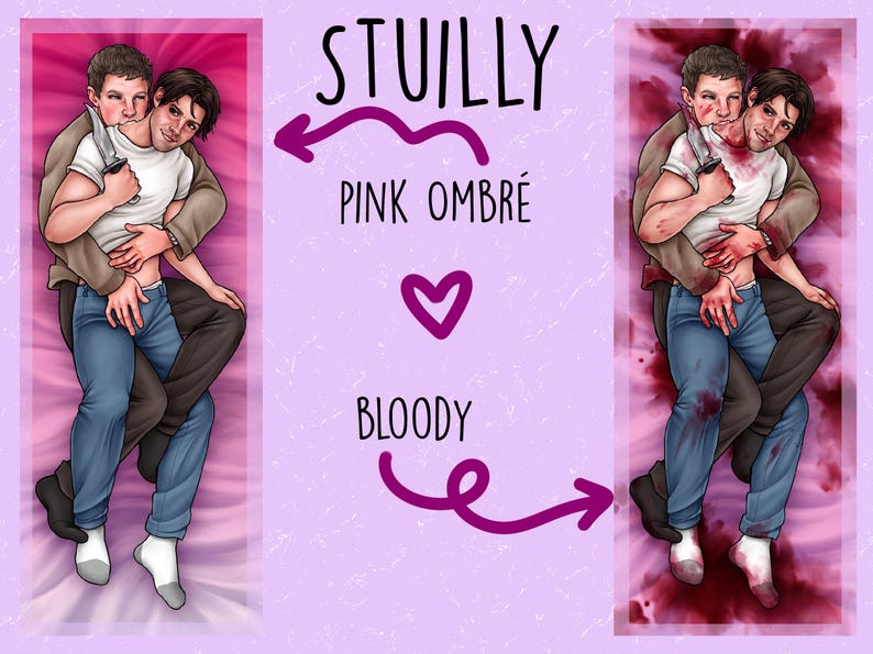 May include: Body pillow featuring a couple embracing, one holding a knife. The design includes the words "STUILLY", "PINK OMBR&Eacute;", and "BLOODY" with a pink and purple color scheme. The pillow is rectangular.