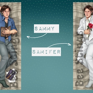 May include: Two illustrations of a person in different outfits. The person on the left is wearing a blue shirt, jeans, and holding a book. The person on the right is wearing a white suit and holding a red rose. The text "SAMMY" and "SAMIFER" are written on the background.