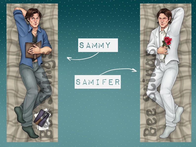 May include: Two illustrations of a person in different outfits. The person on the left is wearing a blue shirt, jeans, and holding a book. The person on the right is wearing a white suit and holding a red rose. The text "SAMMY" and "SAMIFER" are written on the background.
