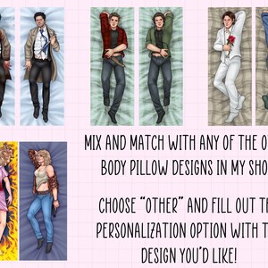May include: A collection of rectangular body pillow covers featuring various illustrated characters in different outfits and poses. The text reads: MIX AND MATCH WITH ANY OF THE OTHER BODY PILLOW DESIGNS IN MY SHOP! CHOOSE &ldquo;OTHER&rdquo; AND FILL OUT THE PERSONALIZATION OPTION WITH THE DESIGN YOU&rsquo;D LIKE!