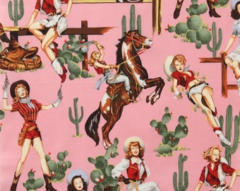 Alexander Henry fabric, From the hip in pink , Fabric by the yard, Cotton Fabric, Cowgirl Pinup, Western Fabric, fabric for facemasks
