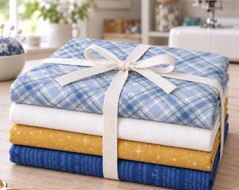 Fat Quarter Bundle Blue Gold Christmas Quilting Cotton, 4 Pieces, Riley Blake and Benartex