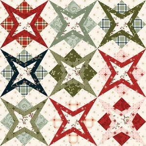 May include: A quilt fabric pattern featuring a repeating grid of nine-pointed stars in various colors including red, dark green, and sage. Each star is set against a cream background with a subtle gold starburst print and floral accents.