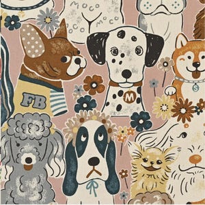 May include: A repeating pattern featuring various dog breeds in a whimsical style. The dogs are depicted with floral accents and wearing accessories, set against a pink background. Some dogs have the letters "FB" and "M" on their clothing.