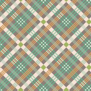 K&ouml;nnte beinhalten: Ein sich wiederholendes Karomuster in Braun-, Gr&uuml;n-, Orange- und Wei&szlig;t&ouml;nen. Das Design weist diagonale Linien auf, die sich kreuzen und einen gitterartigen Effekt erzeugen. Kleine Quadrate in Wei&szlig; und Gr&uuml;n sind im Muster verstreut.