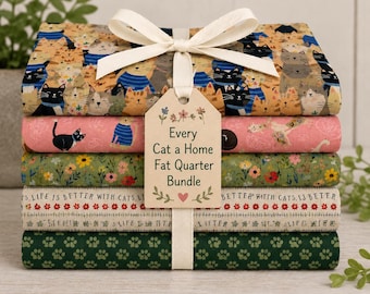 Every Cat a Home 5 Fat Quarter Bundle Cat Fabric Floral Cotton Quilt Fabric