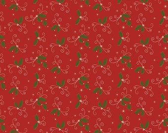 Christmas Greetings Red Holly Fabric C17663-RED, Sandy Gervais, Riley Blake, Quilting Cotton