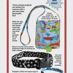 May include: Pet set featuring a dog walking bag with a colorful dog pattern, a black and white paw print collar, and a blue collar with a dog bone pattern. The image includes text that says "Quick and easy!"