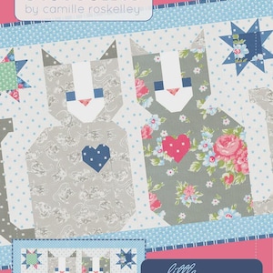 May include: A quilt pattern featuring geometric cat designs with heart accents. The cats are made from patterned fabric in shades of gray and floral prints. The text "thimble blossoms" and "little kittens" are also visible.