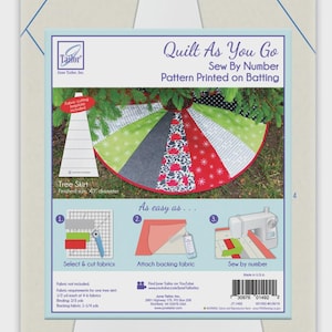 May include: A quilting template for a tree skirt, featuring a colorful, pieced design with red, green, and gray fabrics. The template is printed on batting and has a finished size of 40 inches in diameter. Instructions are included.