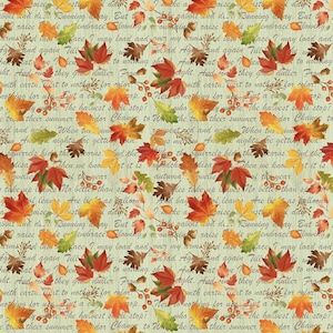 May include: A repeating pattern of autumn leaves in shades of red, orange, and yellow, scattered across a light green background. The design includes text and small berries, creating a fall-themed textile or paper.