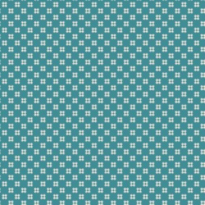 May include: A teal background with a repeating pattern of small, white, four-petal flower shapes. The flowers are evenly spaced, creating a consistent and symmetrical design. The pattern is suitable for fabric or wallpaper.