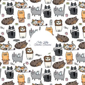 Silly Kitties, CAT-CD2954 White, Cartoon Cat Fabric, Quilting Cotton, Gift for Cat Lover, Whimsical Print, Fat Quarter, Yardage