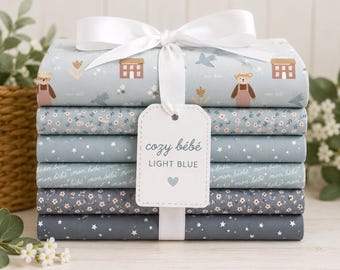 Cozy Bébé Light Blue Fat Quarter Bundle 6 Piece Baby Quilt Fabric Cotton