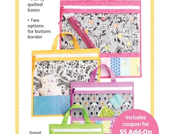 May include: Project Bags 2.0 sewing pattern featuring four different sizes of bags with zippered vinyl windows, sturdy quilted bases, and two options for bottom borders. The bags are shown with various colorful fabrics and contents. Includes a coupon for a $5 add-on video tutorial.