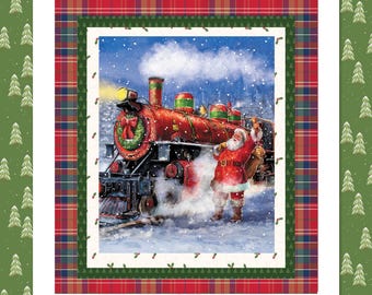Santa's Train Quilt Kit: Christmas Wishes Panel, Holiday Fabrics (55x62 inches)
