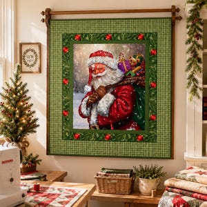 May include: A rectangular wall hanging quilt featuring a central image of Santa Claus in a red suit carrying a sack of gifts, surrounded by a green border with a plaid pattern and red ornaments, suspended from a wooden rod on the wall.