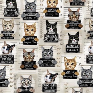 May include: A repeating pattern featuring various cats holding "Wanted" signs. The signs display humorous crimes like "Cat Burglary" and "Wasting Lives." The background has height markings in inches.