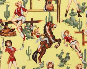 Alexander Henry Fabric, From the Hip in Yellow,  Fabric for facemasks, Large print fabric, cotton fabric, Cowgirl fabric, Retro style fabric