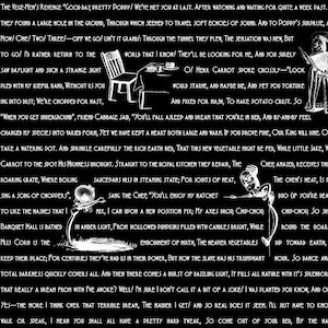 May include: Black and white illustration of a scene from a children's book. The text reads "The Vege-Men's Revenge" and "Good Day, Pretty Poppy! We've met you at last. After watching and waiting for quite a week past."