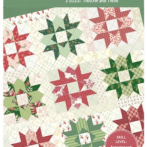 May include: A quilt pattern titled "Christmas Bows" featuring star-shaped blocks in red and green fabrics. The pattern is fat quarter friendly and comes in two sizes: throw and twin. The skill level is experienced beginner.