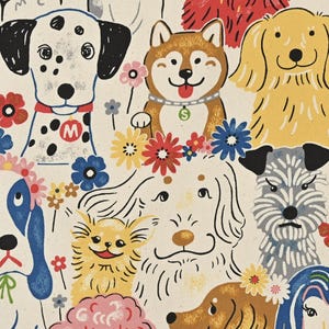 Może przedstawiać: Fantazyjny wz&oacute;r na tkaninie z ilustracjami ps&oacute;w, w tym dalmatyńczyka, Shiba Inu i Golden Retriever, otoczonych kolorowymi kwiatami. Psy mają ekspresyjne twarze na kremowym tle.