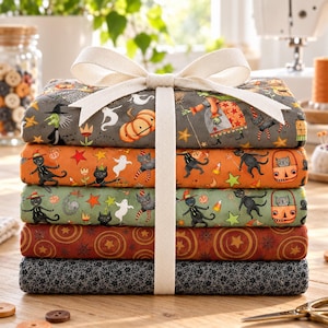 May include: A stack of five folded fabric pieces tied with a cream-colored ribbon. The patterns include Halloween themes with black cats, ghosts, pumpkins, and witches on gray, orange, and green backgrounds, plus two dark floral and star prints.