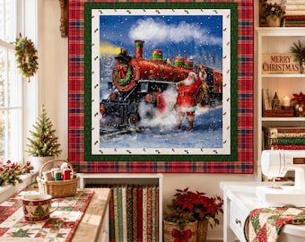 Santa's Train Quilt Kit: Christmas Wishes Panel, Holiday Fabrics (55x62 inches)