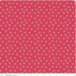 May include: Red fabric with a repeating pattern of small, colorful floral clusters. Each cluster features tiny blue, yellow, and green elements, creating a delicate, all-over design. The fabric is suitable for quilting and crafting projects.
