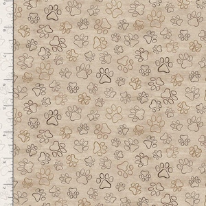 May include: Tan fabric with a repeating pattern of dog paw prints in varying shades of brown. The paw prints are outlined and scattered across the surface, creating a playful and pet-themed design. The fabric has a textured appearance.