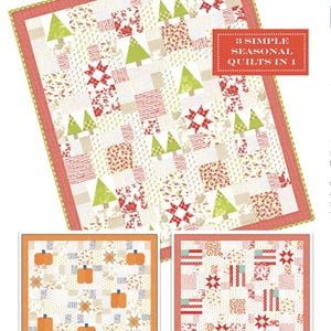 May include: A quilting pattern booklet with the title "Seasonal Patchwork" and a subtitle "3 Simple Seasonal Quilts in 1". The cover features a patchwork quilt with a white background and red, green, and brown squares. The quilt is made up of different patterns, including stars, trees, and flowers.