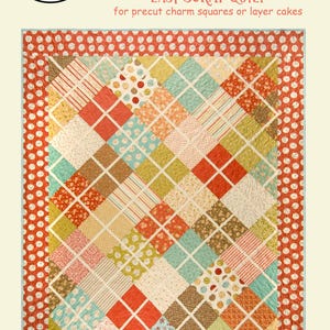 May include: A quilt pattern called "Crossing Paths" by Black Mountain Needleworks. The quilt is made with precut charm squares or layer cakes and is 66 inches by 80 inches. The quilt is made with a variety of fabrics in shades of red, orange, yellow, green, blue, and brown. The quilt is made in a diamond pattern with a white background.