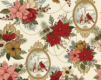Christmas Greetings Cream Cardinal Fabric CD17660-CREAM by Sandy Gervais for Riley Blake