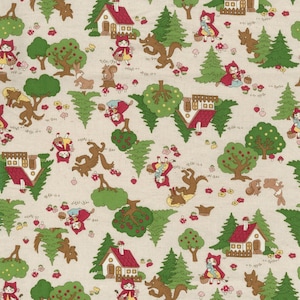 May include: A whimsical fabric pattern featuring a repeating design of Little Red Riding Hood, wolves, houses, trees, and woodland creatures in shades of red, green, brown, and beige. The overall theme is a fairytale forest scene.