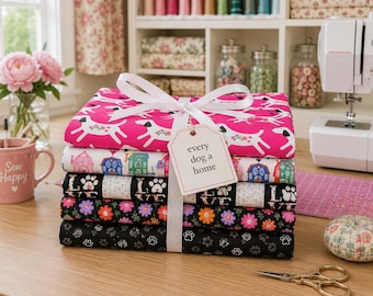Every Dog a Home Fat Quarter Bundle – 5 Piece Dog Fabric Bundle – 3 Wishes & Timeless Treasures Cotton Quilt Fabric