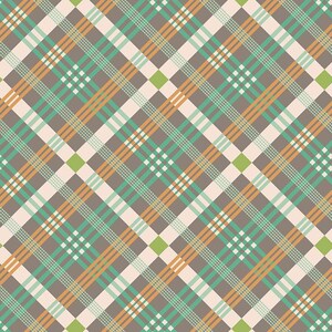 K&ouml;nnte beinhalten: Ein sich wiederholendes Karomuster in Braun-, Gr&uuml;n-, Orange- und Wei&szlig;t&ouml;nen. Das Design weist diagonale Linien auf, die sich kreuzen und einen gitterartigen Effekt erzeugen. Kleine Quadrate in Wei&szlig; und Gr&uuml;n sind im Muster verstreut.