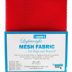 May include: Red mesh fabric, 18 inches by 54 inches, lightweight and stretchy, perfect for bags and beyond. 100% polyester, washer and dryer safe. By Annie's.