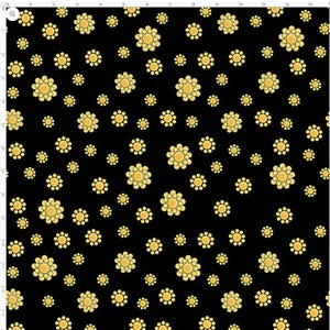 May include: A black background with a repeating pattern of yellow stylized flowers. The flowers are made up of small circles.
