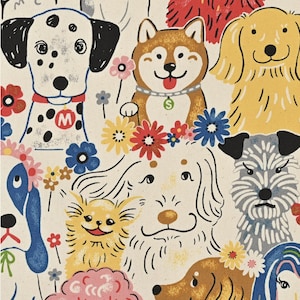 Może przedstawiać: Fantazyjny wz&oacute;r na tkaninie z r&oacute;żnymi psami z kresk&oacute;wek, w tym dalmatyńczykiem, Shiba Inu i Golden Retrieverem, otoczonymi kolorowymi kwiatami. Psy mają ekspresyjne twarze na kremowym tle.