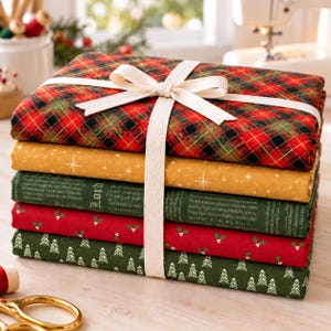 May include: A stack of five folded fabric pieces tied with a white ribbon. The patterns include red and green plaid, solid gold with star motifs, dark green with text, red with holly berries, and dark green with white pine tree illustrations.