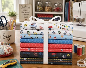 Thomas & Friends 8 Fat Quarter Bundle Blue Red Charcoal Licensed Cotton Fabric