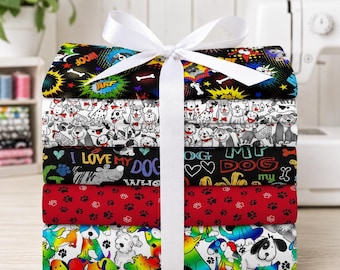 Dog Fabric Fat Quarter Bundle, 5 Piece Quilting Cotton, Comic Rainbow Paw Prints
