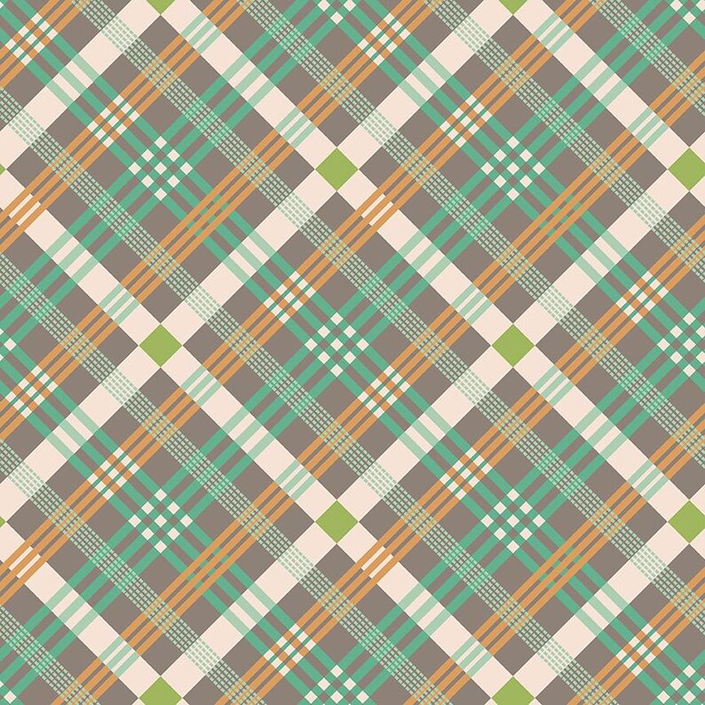 K&ouml;nnte beinhalten: Ein sich wiederholendes Karomuster in Braun-, Gr&uuml;n-, Orange- und Wei&szlig;t&ouml;nen. Das Design weist diagonale Linien auf, die sich kreuzen und einen gitterartigen Effekt erzeugen. Kleine Quadrate in Wei&szlig; und Gr&uuml;n sind im Muster verstreut.