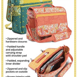 May include: Two sizes of a colorful messenger bag with a padded handle, adjustable strap, and a handy pen holder on the flap. The bag has a zippered closure, a padded expanding inner divider, and zippered and slip pockets on the outside. The bag also has a roomy interior with a slip mesh pocket. "MJ's Messenger Bag" and "byannie.com...what's in your bag?" are printed on the image.
