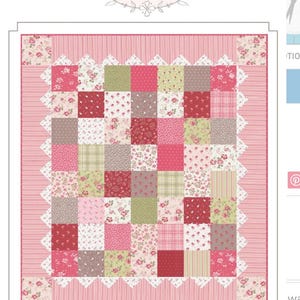 May include: A patchwork quilt with a pink and red color scheme. The quilt features a variety of floral and patterned squares, framed by a pink border and a scalloped edge. The text "Cranberry Christmas" is at the bottom.