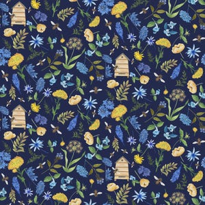 May include: A navy blue floral pattern featuring yellow and blue flowers, green leaves, beehives, and bees. The watercolor design has a whimsical, natural feel, perfect for fabric or wallpaper.